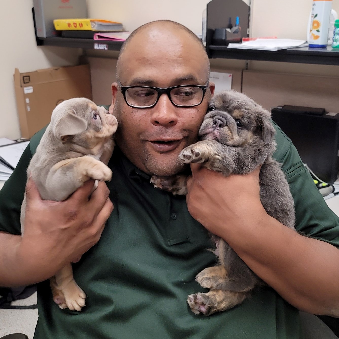 employee with puppies.