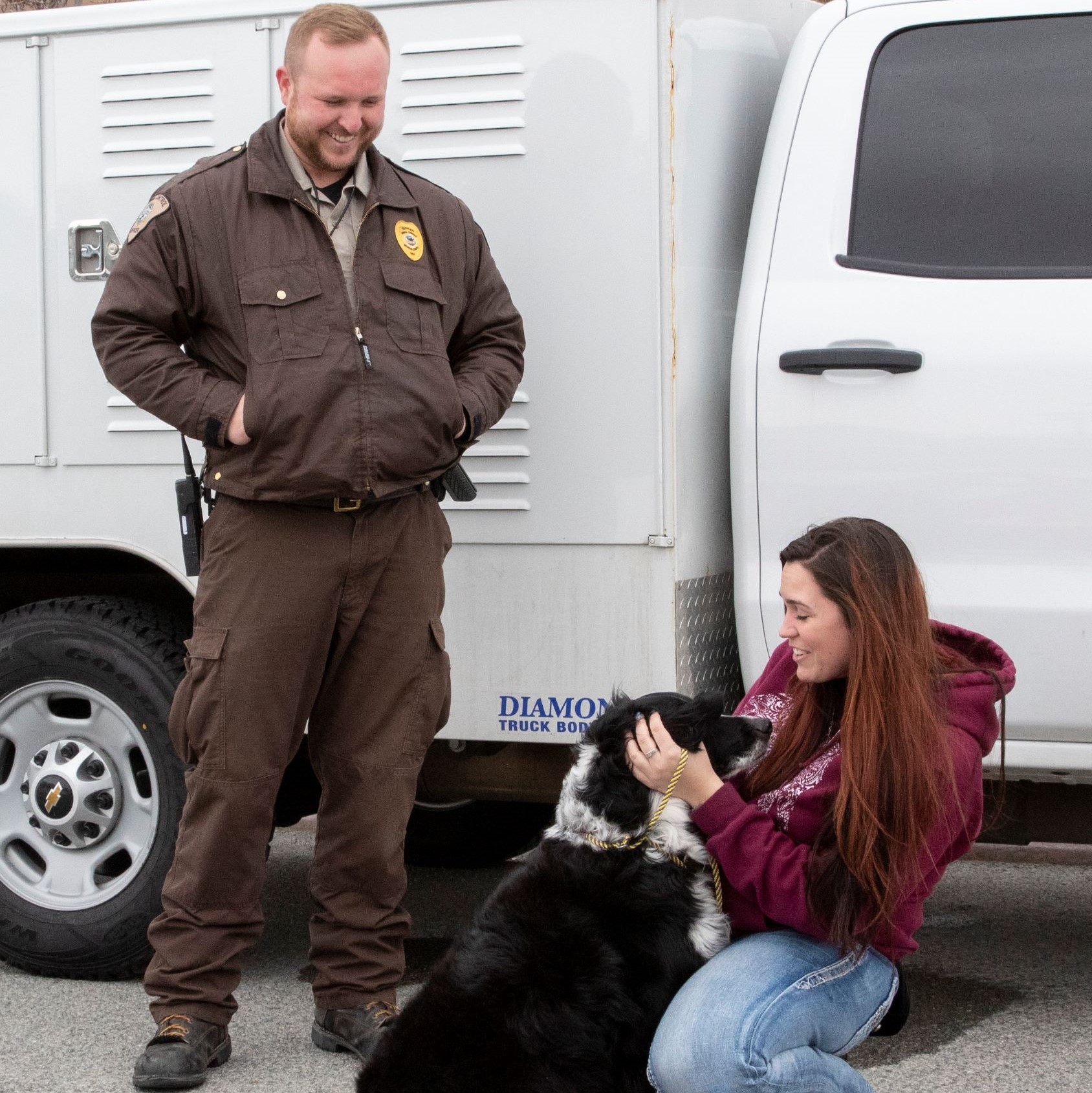 Employee helping reunite a dog