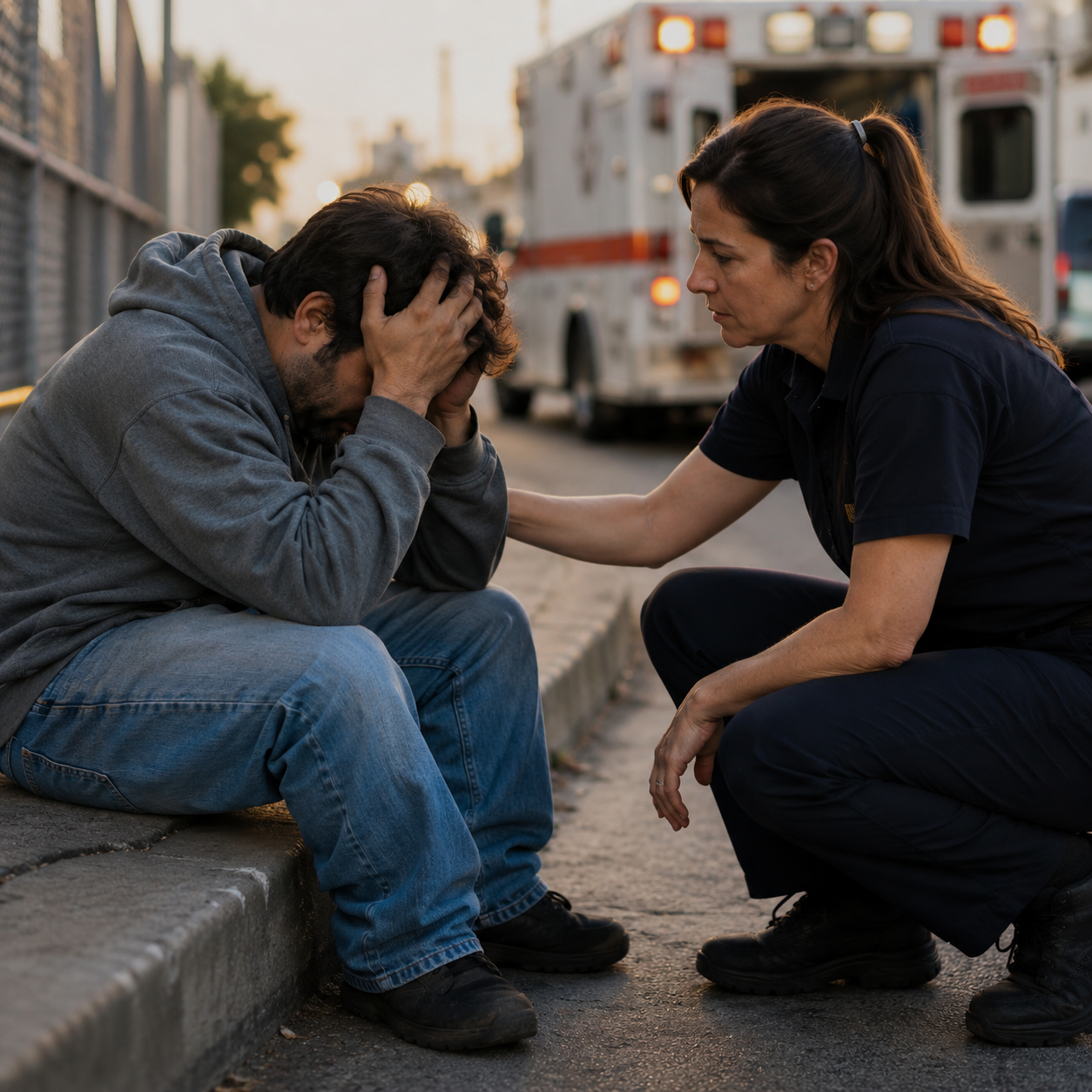 A person in a behavioral crisis with an EMT worker