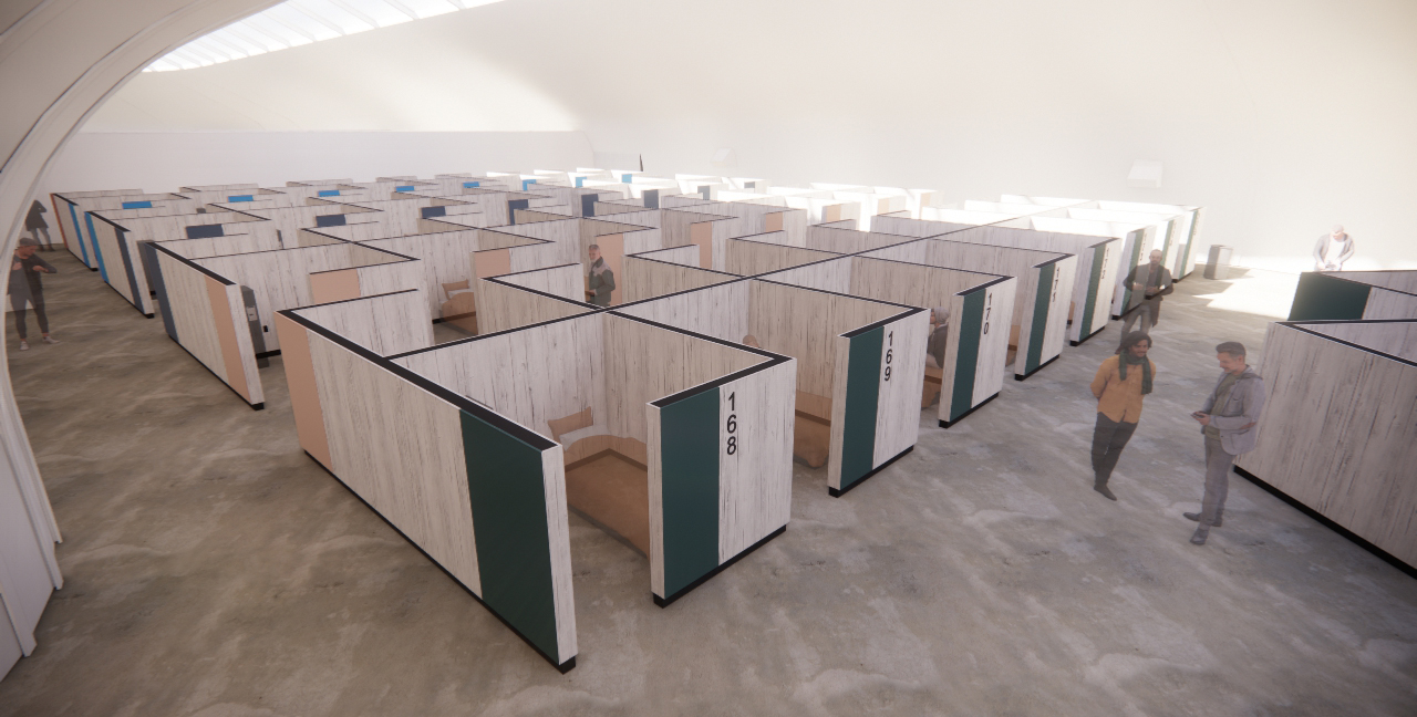 Artist rendering of interior of dorm containing semiprivate cubbies.