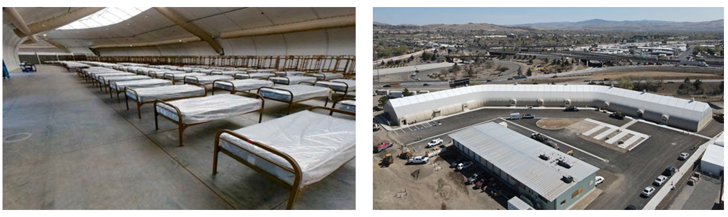 Internal view of beds and aerial view of exterior of the Nevada Cares Campus