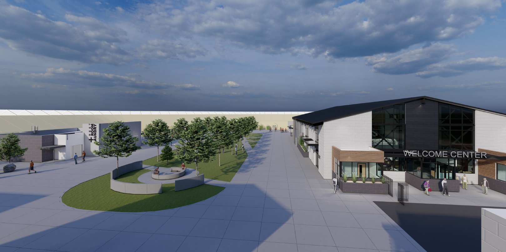 Artist rendering of the Welcome Center and quad area at the Nevada Cares Campus