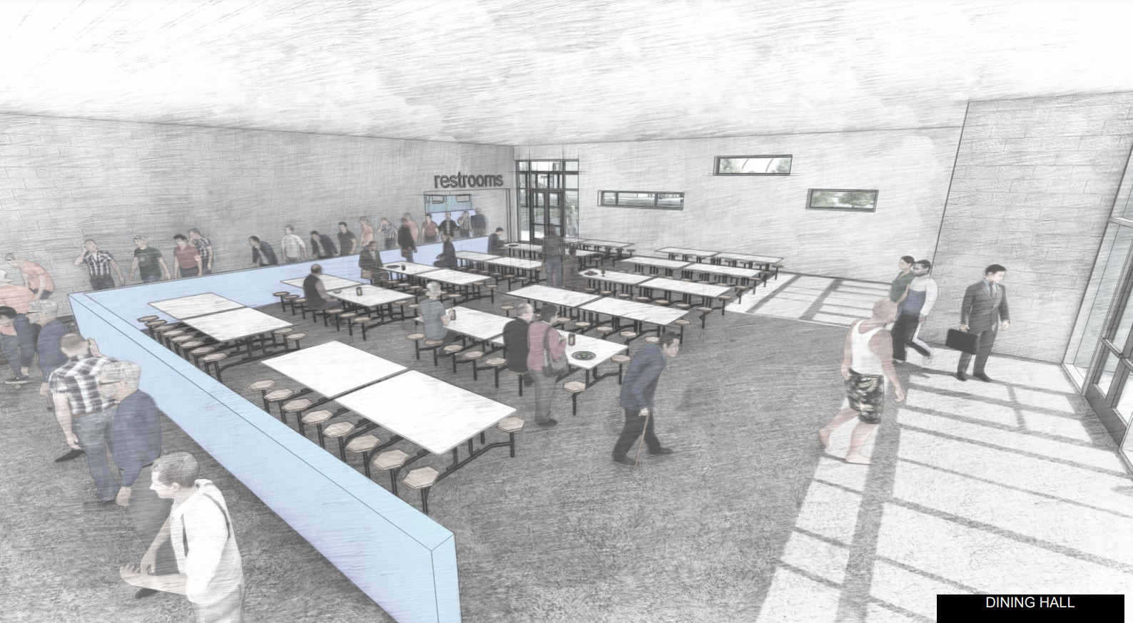 Artist rendering of interior of dining hall with people in it.