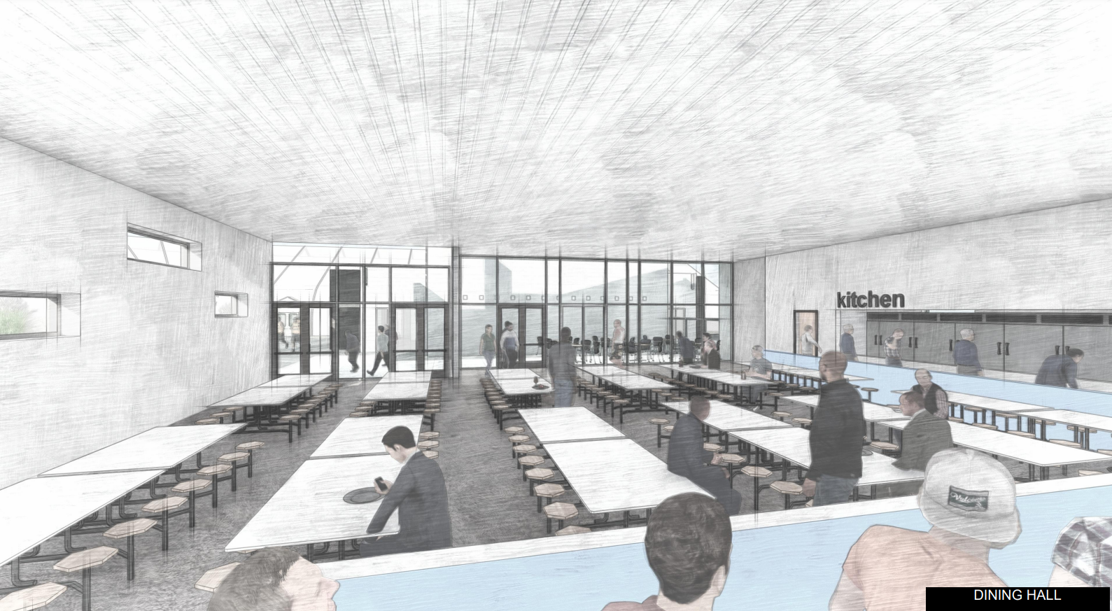 Artist rendering of interior of dining hall facing windows towards quad.