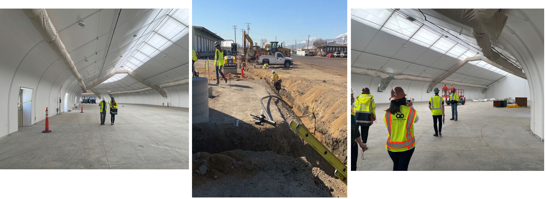 Three photos of internal and external construction at the Nevada Cares Campus