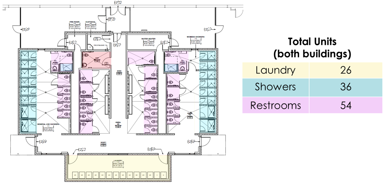 Map of restroom, laundry, and shower facilities at Cares Campus.