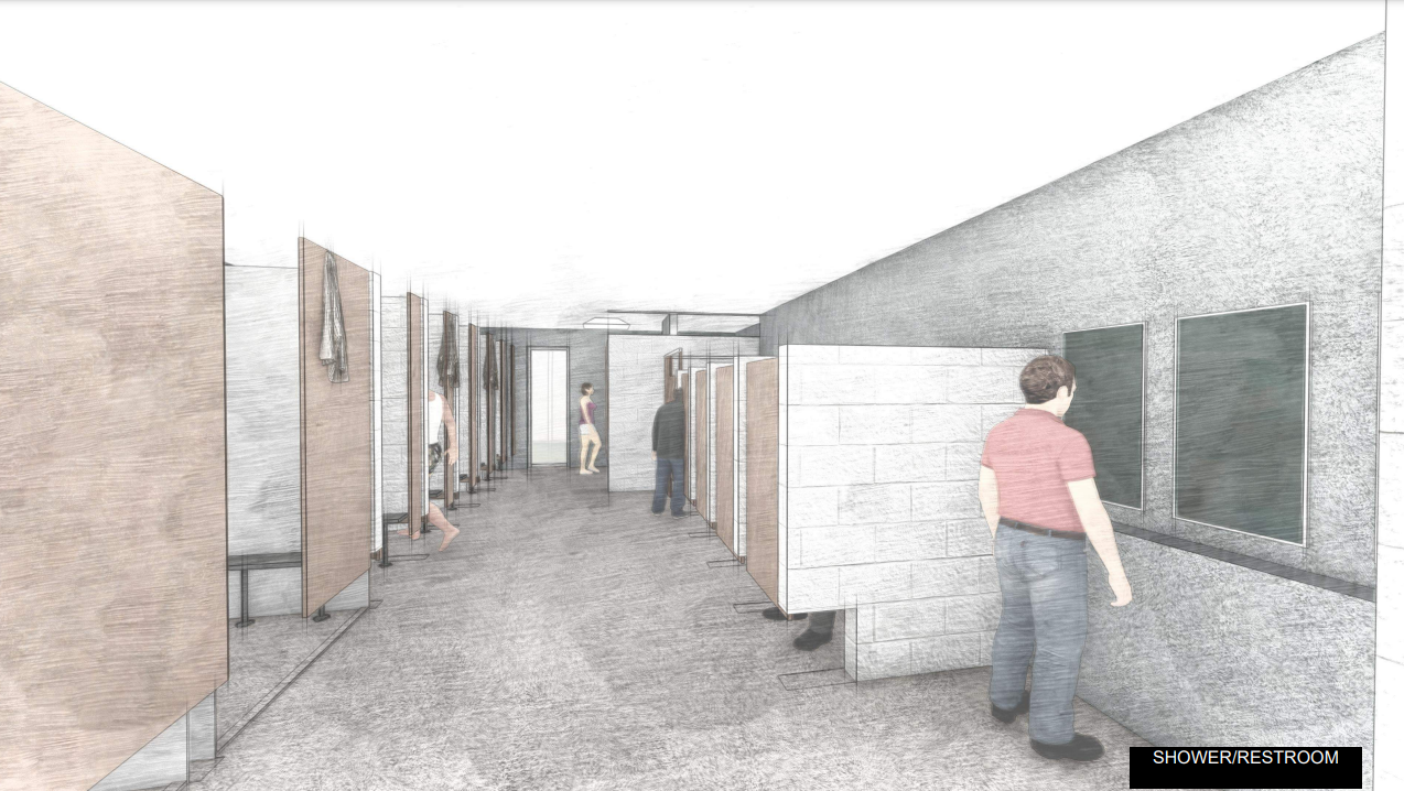 Artist rendering of interior of shower and restroom facilities.