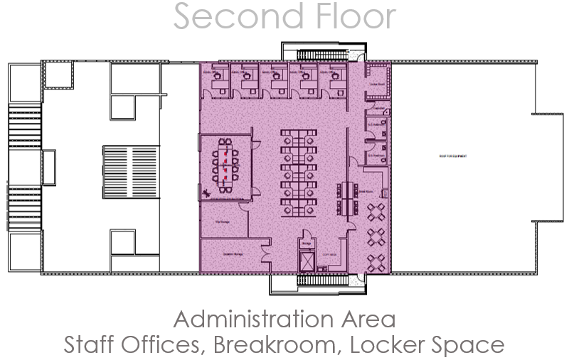 Map of the Welcome Center's second floor, including administration area, staff offices, breakroom, and locker space.