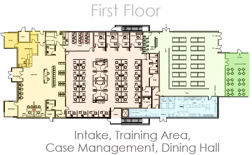 Map of Welcome Center's first floor, including intake, training area, case management, and dining hall.