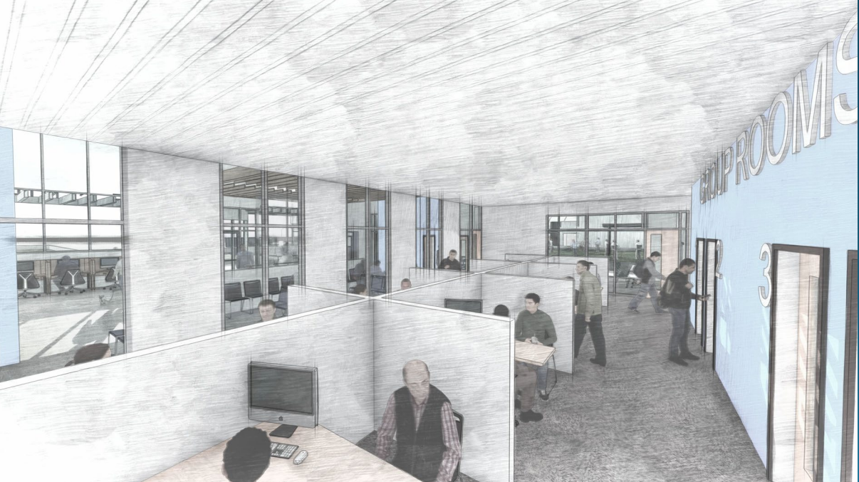 Artist rendering of interior of case management area within the Welcome Center.