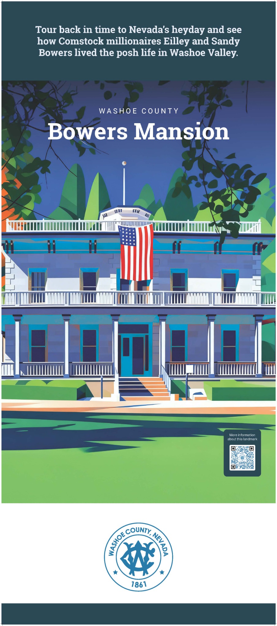 Illustrated Washoe County banner for Bowers Mansion featuring the mansion façade, descriptive text, and a QR code.