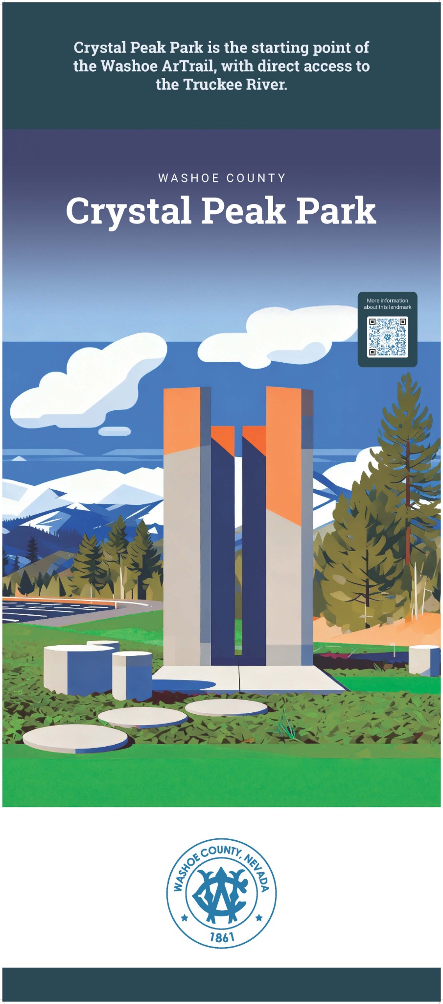 Illustrated Washoe County banner for Crystal Peak Park featuring the park sculpture, mountains, descriptive text, and a QR code.