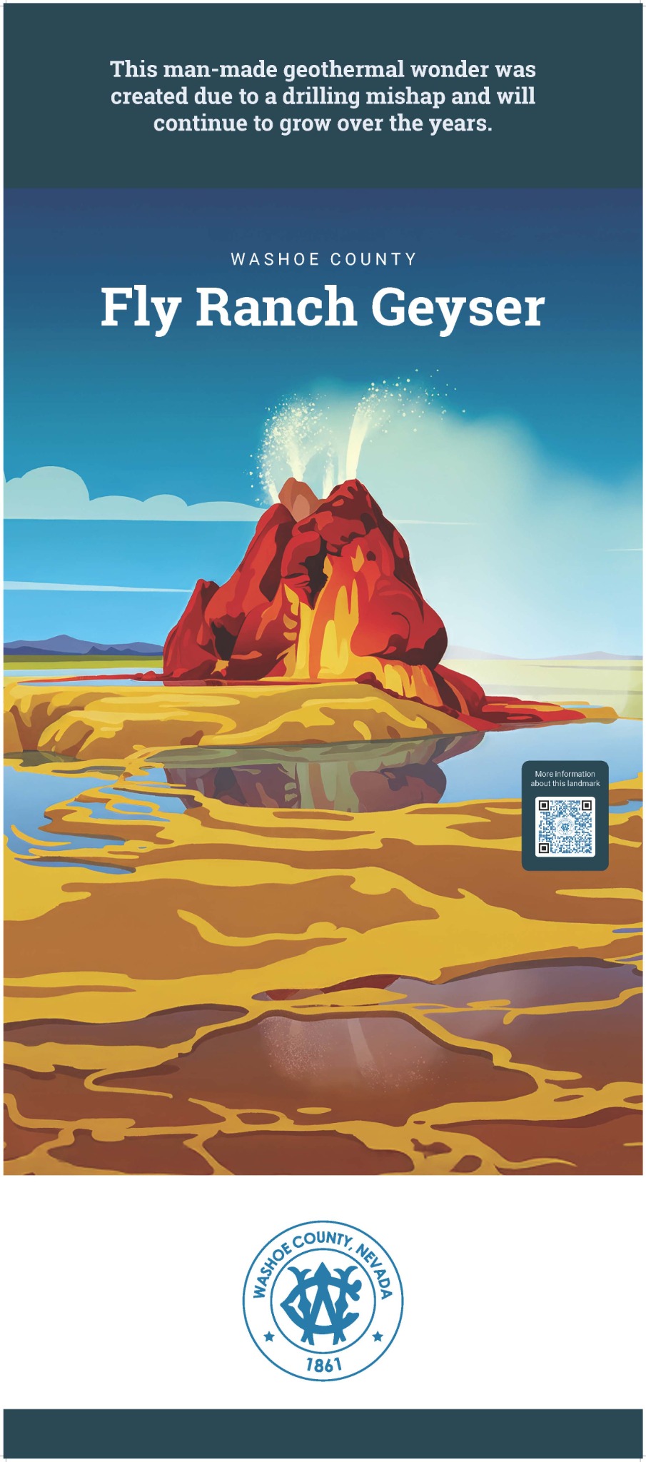 Illustrated Washoe County banner for Fly Ranch Geyser featuring the colorful geyser, descriptive text, and a QR code.