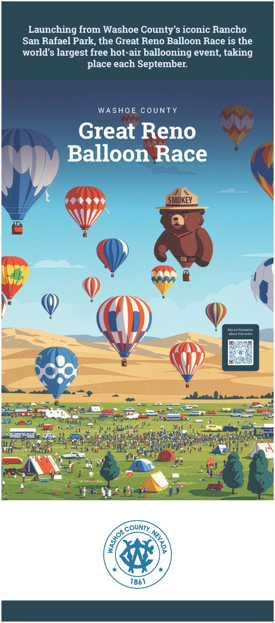Illustrated Washoe County banner for the Great Reno Balloon Race featuring colorful hot air balloons over Rancho San Rafael, a crowd below, and a QR code.