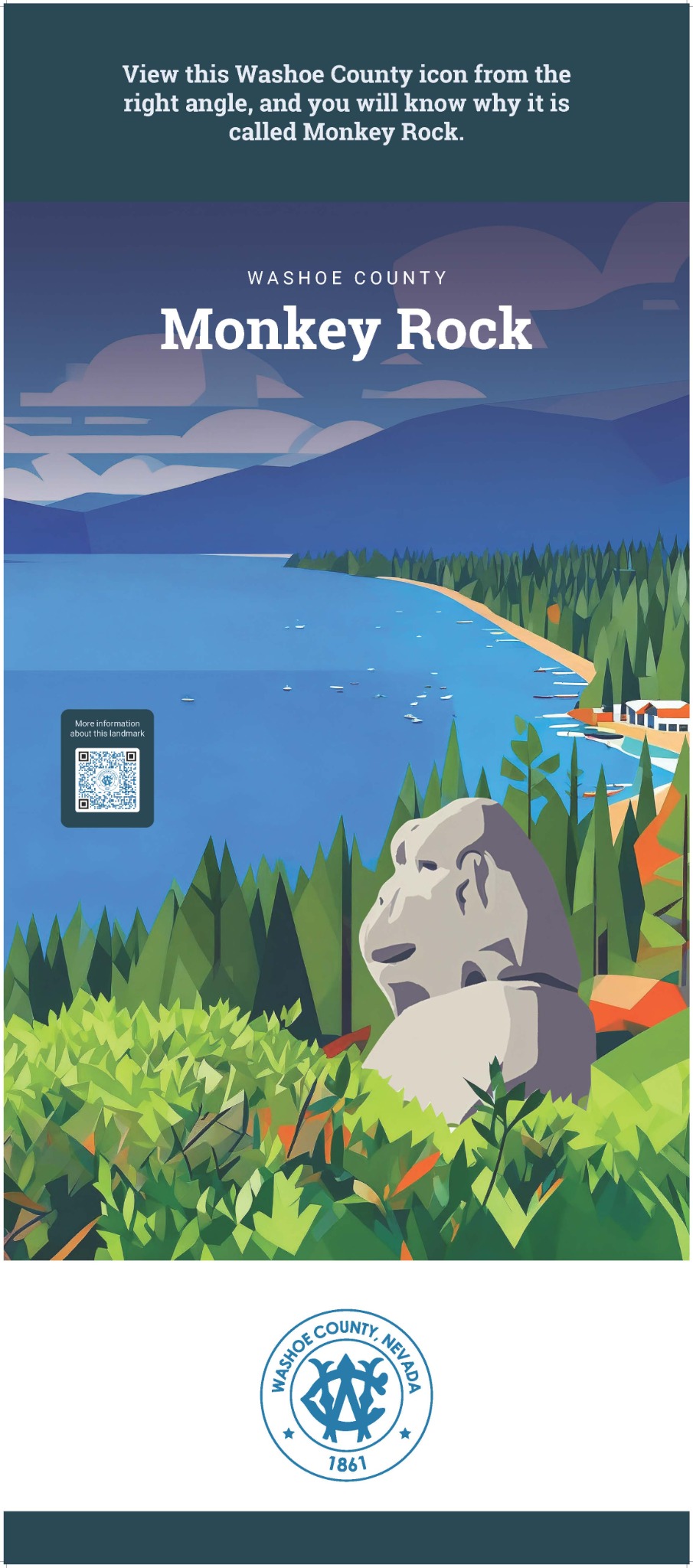 Illustrated Washoe County banner for Monkey Rock featuring the granite monkey-shaped formation, Lake Tahoe, descriptive text, and a QR code.