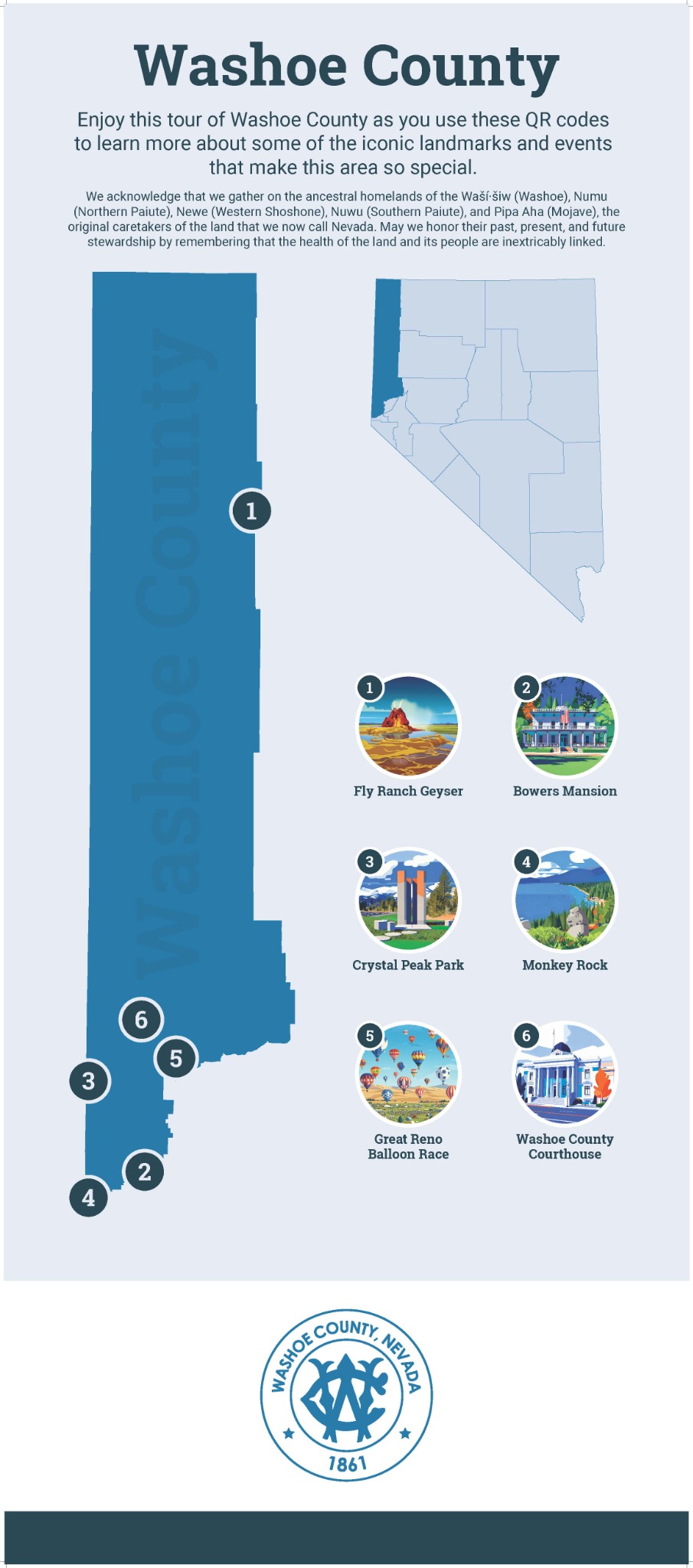 Illustrated overview map and landmark guide for Washoe County showing the featured tour stops: Fly Ranch Geyser, Bowers Mansion, Crystal Peak Park, Monkey Rock, Great Reno Balloon Race, and the Washoe County Courthouse.