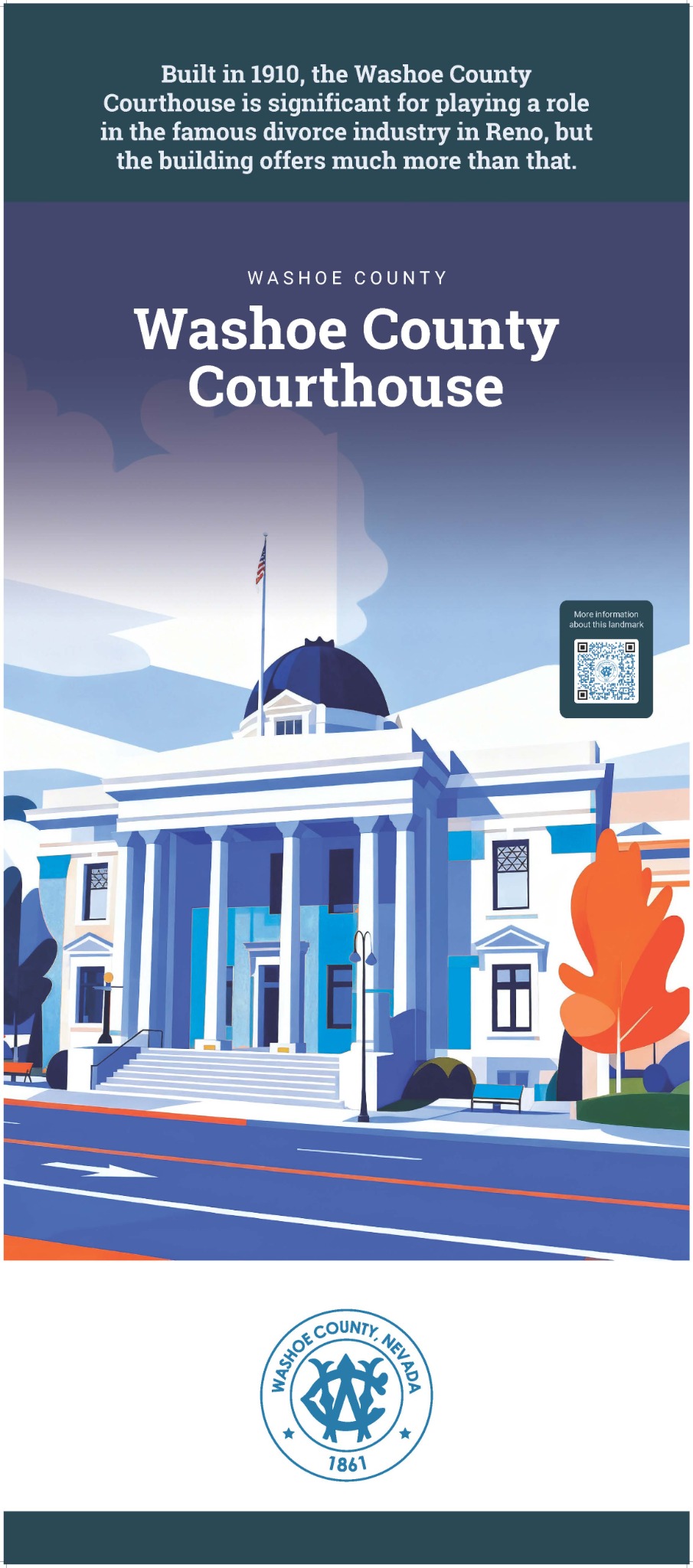 Illustrated Washoe County banner for the Washoe County Courthouse featuring the courthouse building, descriptive text, and a QR code.