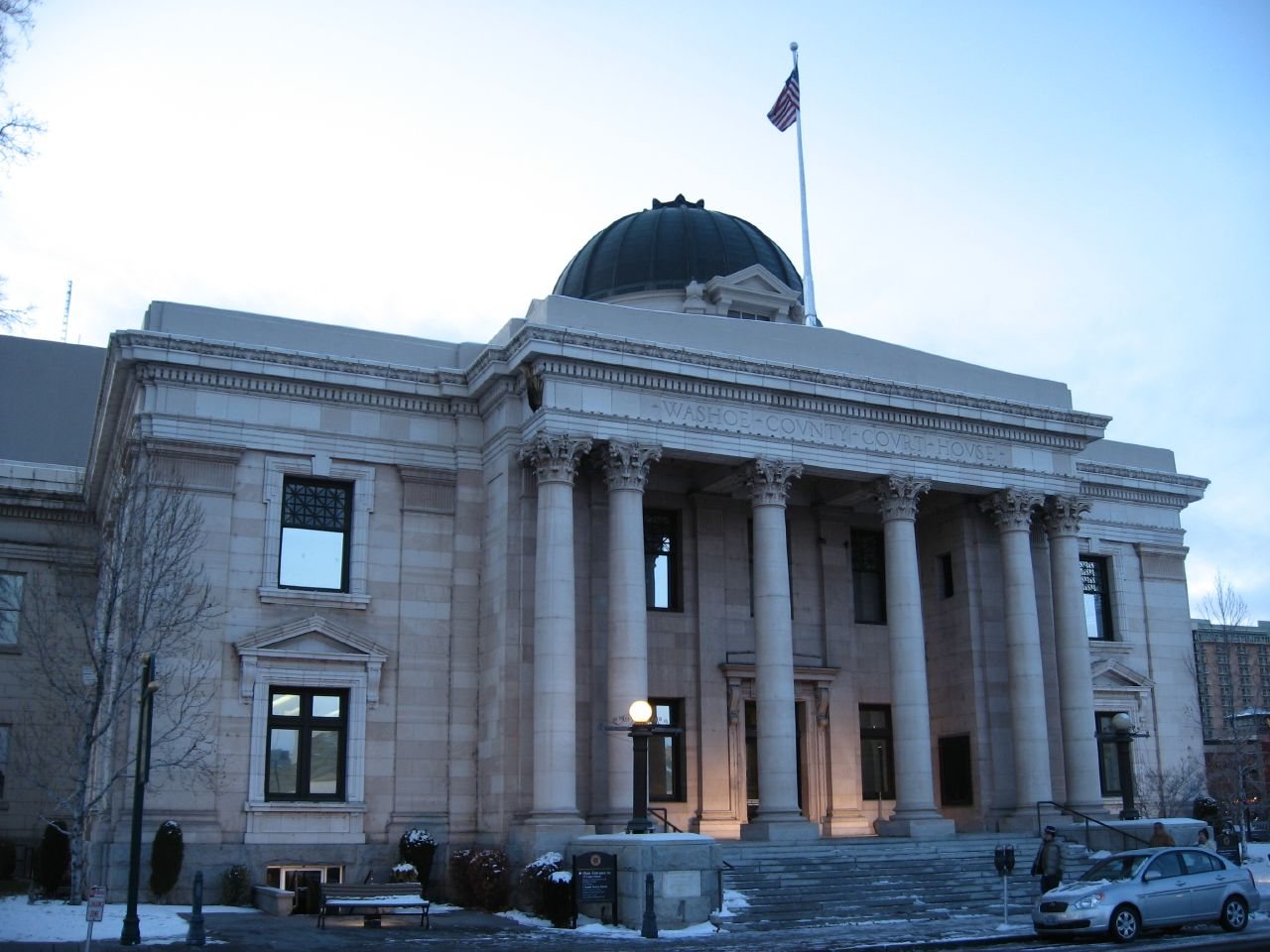 The historic Washoe County Courthouse exterior with classical columns and entry steps in downtown Reno.