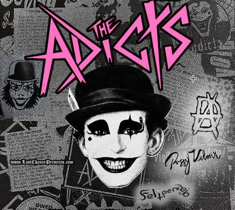 Poster for the band The Adicts with a photo of a man in clown makeup.