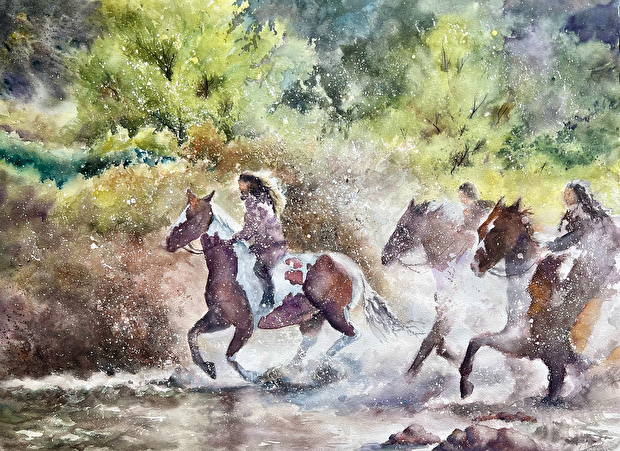 watercolor image of horseback riders crossing through a stream