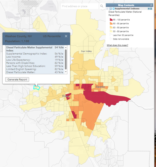 Figure 4 EJScreen map for Diesel Particulate Matter in urban Washoe County